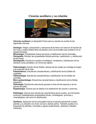 Ciencias auxiliares y su relación




Ciencias auxiliares La Geografía Física para su estudio se auxilia de las
siguientes ciencias.

Geología: Origen, composición y estructura de la tierra con base en el estudio de
las rocas y restos fósiles tanto de plantas como de animales que existieron en el
pasado terrestre.
Mineralogía. Propiedades físicas-quimicas y clasificación de los minerales.
Petrografía. Estudia, las propiedades físicas-quimicas, clasificación, y distribución
de las rocas.
Estratigrafía. Estudia la sucesión cronológica, correlación y distribución de los
estratos (rocas paralelas y en forma de capas).

Paleontología. Estudio de los fósiles, atreves de los cuales se investiga el origen
y la evolución de la vida.
Paleobotánica. Estudia las características y clasificación de los fósiles de
vegetales.
Paleozoología. Estudia las características y clasificación de los fósiles de
animales
Micro paleontología. Estudia las características y clasificación de los fósiles
pequeños.
Palinología. Estudia las estructuras gruesas y finas de las esporas y de los
granos de polen.
Espeleología. Ciencia que se dedica a la exploración de cuevas o cavernas.

Edafología. Ciencia que estudia las característica de los suelos, son formación,
evolución (edafogénesis) propiedades físicas, morfológicas, químicas y
mineralógicas, así como su distribuisión.

Geofísica. Aplicación de los principales físicos al estudio general de nuestro
planeta y su relación con el sol, la luna y demás astros. También auxilia en la
búsqueda de petróleo, minerales y aguas subterráneas, utilizando métodos
indirectos.
 