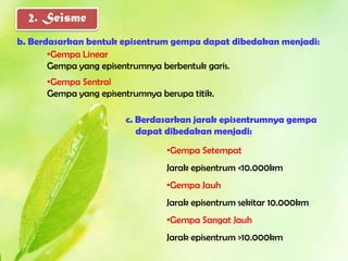 2. Seisme
b. Berdasarkan bentuk episentrum gempa dapat dibedakan menjadi:
       •Gempa Linear
       Gempa yang episentrumnya berbentuk garis.
      •Gempa Sentral
      Gempa yang episentrumnya berupa titik.

                       c. Berdasarkan jarak episentrumnya gempa
                          dapat dibedakan menjadi:
                                 •Gempa Setempat
                                 Jarak episentrum <10.000km
                                 •Gempa Jauh
                                 Jarak episentrum sekitar 10.000km
                                 •Gempa Sangat Jauh
                                 Jarak episentrum >10.000km
 