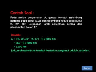 Contoh Soal :
Pada stasiun pengamatan A, gempa tercatat gelombang
pertama pada pukul 15. 23’ dan gelombang kedua pada pukul
15. 26’. 30”. Berapakah jarak episentrum gempa dari
pengamatan stasiun A?

Jawab :
∆ = {(15. 26’. 30” - 15. 23’) – 1} x 1000 km
  = (3,5 – 1) x 1000 km
  = 2.500 km
Jadi, jarak episentrum tersebut ke stasiun pengamat adalah 2.500 km.




                                                               home
 