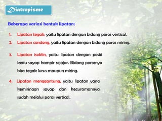 Diatropisme

Beberapa variasi bentuk lipatan:

1.   Lipatan tegak, yaitu lipatan dengan bidang poros vertical.
2.   Lipatan condong, yaitu lipatan dengan bidang poros miring.

3.   Lipatan isoklin, yaitu lipatan dengan posisi
     kedu sayap hampir sejajar. Bidang porosnya
     bisa tegak lurus maupun miring.

4. Lipatan menggantung, yaitu lipatan yang
     kemiringan    sayap   dan       kecuramannya
     sudah melalui poros vertical.
 