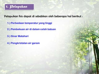1. Pelapukan

Pelapukan fisis dapat di sebabkan oleh beberapa hal berikut :

  1.) Perbedaan temperatur yang tinggi

  2.) Pembekuan air di dalam celah batuan

  3.) Sinar Matahari

  4.) Pengkristalan air garam
 