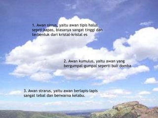1. Awan sirrus, yaitu awan tipis halus
seprti kapas, biasanya sangat tinggi dan
terbentuk dari kristal-kristal es
3. Awan strarus, yaitu awan berlapis-lapis
sangat tebal dan berwarna kelabu.
2. Awan kumulus, yaitu awan yang
bergumpal-gumpal seperti buli domba
 