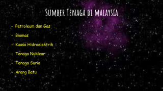 Sumber Tenaga di malaysia
- Petroleum dan Gas
- Biomas
- Kuasa Hidroelektrik
- Tenaga Nuklear
- Tenaga Suria
- Arang Batu
 
