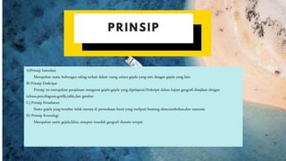 A)Prinsip Interelasi
Merupakan suatu hubungan saling terkait dalam ruang antara gejala yang satu dengan gejala yang lain.
B) Prinsip Deskripsi
Prinsip ini merupakan penjelasan mengenai gejala-gejala yang dipelajarai.Deskripsi dalam kajian geografi disajikan dengan
tulisan,peta,diagram,grafik,table,dan gambar.
C) Prinsip Persebaran
Suatu gejala yang tersebar tidak merata di permukaan bumi yang meliputi bentang alam,tumbuhan,dan manusia.
D) Prinsip Kronologi
Merupakan suatu gejala,fakta, ataupun masalah geografi disuatu tempat
 
