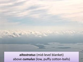 altostratus (mid-level blanket)
above cumulus (low, puffy cotton-balls)

 