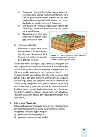 55
c) Perzonaan tumbuh-tumbuhan yang akan me-
nunjukkan pada adanya tipe tumbuhan tertentu yang
tumbuh pada musim-musim tertentu. Hal ini akan
menunjukkan susunan kimiawi tertentu dari batuan
dan kadar air yang terkandung di dalamnya.
d) Struktur, seperti retakan, pengelupasan, lipatan, dan
sejenisnya, membantu membedakan tipe batuan
secara garis besar.
e) Depresi-depresi oleh pela-
rutan, seperti batuan kapur,
gips, dan garam batu.
2) Interpretasi Struktur
Foto udara sangat besar man-
faatnya dalam interpretasi struk-
tur jika penyikapannya baik
karena foto udara merupakan
peta geologis lengkap.
Dalam foto udara, strike jelas dapat dilihat jika topografi rata
arah singkapan lapisan adalah arah strike. Kalau permukaan
teriris-iris dapat diukur/ ditentukan dengan menggunakan dua
titik pada struktur yang sama yang juga sama tinggi.
Retakan tampak dari adanya alur-alur atau goresan pada
batuan induk dan pola drainase rectangular atau angulate
dan kadang-kadang dari penyebaran tumbuh-tumbuhan. Di
daerah yang mengalami erosi glasial, danau-danau yang
sempit memanjang menunjukkan adanya sistem retakan itu.
Patahan/ sesar memperlihatkan bentukan yang berlainan,
bergantung pada jenis patahan, keadaan yang baru atau lama,
kekuatan lipatan dari batuan, dan tingkat perkembangan erosi
di daerah itu.
b. Interpretasi Fisiografis
Fotoudarabagiseorangfisiografersamadenganmikroskop/ kaca
pembesar bagi seorang ahli biologi ataupun ahli batu-batuan.
Interpretasi fisiografis dapat meliputi:
1) penentuan unit-unit geografis,
2) penelitian sejarah geologi terakhir,
Gambar 2.8 Struktur patahan dapat diketahui
dengan menggunakan foto udara.
(Sumber: Azhaliblogsome.com)
 