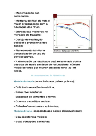 - Modernização das
sociedades;

- Melhoria do nível de vida e
maior preocupação com a
educação dos filhos;

- Entrada das mulheres no
mercado de trabalho;

- Desejo de realização
pessoal e profissional dos
casais;

- Planeamento familiar e
generalização do uso de
contraceptivos.

- A diminuição da natalidade está relacionada com a
descida do índice sintético de fecundidade: número
médio de filhos por mulher em idade fértil (15-49
anos).

              O comportamento da Mortalidade

Mortalidade elevada (associada aos países pobres):

- Deficiente assistência médica;

- Baixo nível sanitário;

- Escassez de alimentos e fome;

- Guerras e conflitos sociais;

- Catástrofes naturais e epidemias;

Mortalidade baixa (associada aos países desenvolvidos):

- Boa assistência médica;

- Boas condições sanitárias;
 