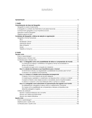 SUMÁRIO


Apresentação ............................................................................................................................................... 15

1a PARTE
Caracterização da área de Geografia ................................................................................................... 19
    Geografia no ensino fundamental ......................................................................................................... 19
    A Geografia no contexto dos Parâmetros Curriculares Nacionais .......................................................... 26
    Conhecimento geográfico e sua importância social ............................................................................ 26
    Aprender e ensinar Geografia ................................................................................................................ 29
    Objetivos gerais da área ........................................................................................................................ 34
Conteúdos de Geografia: critérios de seleção e organização ............................................................ 37
    Geografia e Temas Transversais ............................................................................................................. 41
       Ética ................................................................................................................................................. 42
       Pluralidade Cultural .......................................................................................................................... 43
       Orientação Sexual ............................................................................................................................ 45
       Meio Ambiente ................................................................................................................................. 46
       Saúde ............................................................................................................................................... 47
       Trabalho e Consumo ........................................................................................................................ 48

2a PARTE
Terceiro ciclo ................................................................................................................................................ 51
    Ensino e aprendizagem ......................................................................................................................... 51
    Objetivos para o terceiro ciclo ............................................................................................................... 53
    Conteúdos para o terceiro ciclo ............................................................................................................ 54
        Eixo 1: a Geografia como uma possibilidade de leitura e compreensão do mundo ........... 55
             A construção do espaço: os territórios e os lugares (o tempo da sociedade e o
             tempo da natureza) ................................................................................................................... 56
             A conquista do lugar como conquista da cidadania ............................................................... 58
        Eixo 2: o estudo da natureza e sua importância para o homem .............................................. 60
             Os fenômenos naturais, sua regularidade e possibilidade de previsão pelo homem .............. 62
             A natureza e as questões socioambientais ................................................................................ 64
        Eixo 3: o campo e a cidade como formações socioespaciais ................................................ 65
             O espaço como acumulação de tempos desiguais ................................................................ 67
             A modernização capitalista e a redefinição nas relações entre o campo e a cidade ............ 69
             O papel do Estado e das classes sociais e a sociedade urbano-industrial brasileira ................ 71
             A cultura e o consumo: uma nova interação entre o campo e a cidade ............................... 74
        Eixo 4: a cartografia como instrumento na aproximação dos lugares e do mundo ............. 76
             Da alfabetização cartográfica à leitura crítica e mapeamento consciente ............................ 77
             Os mapas como possibilidade de compreensão e estudos comparativos das
             diferentes paisagens e lugares ................................................................................................... 81
    Critérios de avaliação ............................................................................................................................ 88
        Quanto à operacionalização dos conceitos ................................................................................... 88
        Quanto aos critérios procedimentais ............................................................................................... 88
        Quanto aos critérios atitudinais ........................................................................................................ 89
Quarto ciclo .................................................................................................................................................. 91
    Ensino e aprendizagem ......................................................................................................................... 91
    Objetivos para o quarto ciclo ................................................................................................................ 98
    Conteúdos para o quarto ciclo ........................................................................................................... 100
 