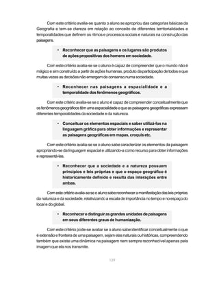 Com este critério avalia-se quanto o aluno se apropriou das categorias básicas da
Geografia e tem-se clareza em relação ao conceito de diferentes territorialidades e
temporalidades que definem os ritmos e processos sociais e naturais na construção das
paisagens.

            • Reconhecer que as paisagens e os lugares são produtos
              de ações propositivas dos homens em sociedade.

      Com este critério avalia-se se o aluno é capaz de compreender que o mundo não é
mágico e sim construído a partir de ações humanas, produto da participação de todos e que
muitas vezes as decisões não emergem de consenso numa sociedade.

            • Reconhecer nas paisagens a espacialidade e a
              temporalidade dos fenômenos geográficos.

      Com este critério avalia-se se o aluno é capaz de compreender conceitualmente que
os fenômenos geográficos têm uma espacialidade e que as paisagens geográficas expressam
diferentes temporalidades da sociedade e da natureza.

            • Conceituar os elementos espaciais e saber utilizá-los na
              linguagem gráfica para obter informações e representar
              as paisagens geográficas em mapas, croquis etc.

      Com este critério avalia-se se o aluno sabe caracterizar os elementos da paisagem
apropriando-se da linguagem espacial e utilizando-a como recurso para obter informações
e representá-las.

            • Reconhecer que a sociedade e a natureza possuem
              princípios e leis próprias e que o espaço geográfico é
              historicamente definido e resulta das interações entre
              ambas.

       Com este critério avalia-se se o aluno sabe reconhecer a manifestação das leis próprias
da natureza e da sociedade, relativizando a escala de importância no tempo e no espaço do
local e do global.

            • Reconhecer e distinguir as grandes unidades de paisagens
              em seus diferentes graus de humanização.

      Com este critério pode-se avaliar se o aluno sabe identificar conceitualmente o que
é extensão e fronteira de uma paisagem, sejam elas naturais ou históricas, compreendendo
também que existe uma dinâmica na paisagem nem sempre reconhecível apenas pela
imagem que ela nos transmite.


                                             129
 