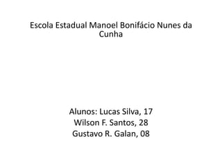 Escola Estadual Manoel Bonifácio Nunes da CunhaAlunos: Lucas Silva, 17Wilson F. Santos, 28Gustavo R. Galan, 08