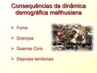 Consequências da dinâmica demográfica malthusiana Fome Doenças Guerras Civis Disputas territoriais 
