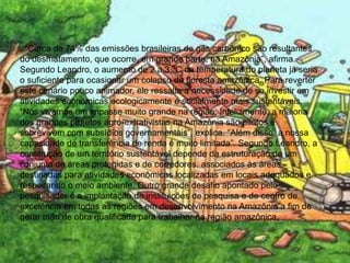 . “Cerca de 74% das emissões brasileiras de gás carbônico são resultantes do desmatamento, que ocorre, em grande parte, na Amazônia”, afirma.Segundo Leandro, o aumento de 2 a 3 °C da temperatura do planeta já seria o suficiente para ocasionar um colapso da floresta amazônica. Para reverter este cenário pouco animador, ele ressalta a necessidade de se investir em atividades econômicas ecologicamente e socialmente mais sustentáveis. “Nós vivemos um impasse muito grande na região. Infelizmente, a maioria dos grandes projetos agro-extrativistas na Amazônia são pilotos e sobrevivem com subsídios governamentais”, explica. “Além disso, a nossa capacidade de transferência de renda é muito limitada”. Segundo Leandro, a construção de um território sustentável depende da estruturação de um conjunto de áreas protegidas e de corredores, associados às áreas destinadas para atividades econômicas localizadas em locais adequados e respeitando o meio ambiente. Outro grande desafio apontado pelo pesquisador é a implantação de instituições de pesquisa e de centro de excelência em todas as regiões em desenvolvimento na Amazônia a fim de gerar mão de obra qualificada para trabalhar na região amazônica.
