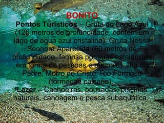 BONITO Pontos Turísticos  – Gruta do Lago Azul (126 metros de profundidade, contém um lago de água azul cristalina), Gruta Nossa Senhora Aparecida (60 metros de profundidade, famosa por suas estalactites em forma de pessoas e animais), Ilha do Padre, Morro do Cristo, Rio Formoso (formação calcária).  Lazer  – Cachoeiras, pousadas, piscinas naturais, canoagem e pesca subaquática.  