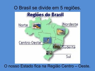 O Brasil se divide em 5 regiões. O nosso Estado fica na Região Centro – Oeste. 