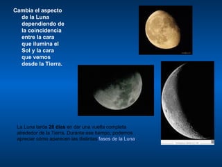 C ambia el aspecto de la Luna dependiendo de la coincidencia entre la cara que ilumina el Sol y la cara que vemos desde la Tierra.  La Luna tarda  28 días  en dar una vuelta completa alrededor de la Tierra. Durante ese tiempo, podemos apreciar cómo aparecen las distintas  fases de la Luna . 