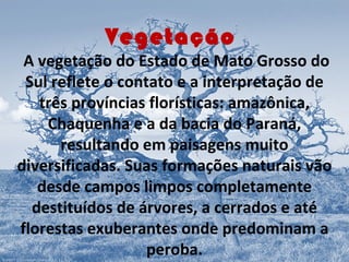 Vegetação
 A vegetação do Estado de Mato Grosso do
 Sul reflete o contato e a interpretação de
   três províncias florísticas: amazônica,
    Chaquenha e a da bacia do Paraná,
      resultando em paisagens muito
diversificadas. Suas formações naturais vão
   desde campos limpos completamente
  destituídos de árvores, a cerrados e até
florestas exuberantes onde predominam a
                   peroba.
 