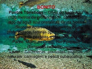 BONITO
 Pontos Turísticos – Gruta do Lago Azul
 (126 metros de profundidade, contém um
lago de água azul cristalina), Gruta Nossa
     Senhora Aparecida (60 metros de
profundidade, famosa por suas estalactites
 em forma de pessoas e animais), Ilha do
   Padre, Morro do Cristo, Rio Formoso
           (formação calcária).
  Lazer – Cachoeiras, pousadas, piscinas
naturais, canoagem e pesca subaquática.
 
