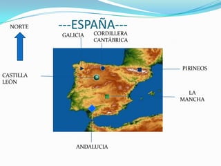 NORTE    ---ESPAÑA---
                     CORDILLERA
           GALICIA
                     CANTÁBRICA




                                  PIRINEOS
CASTILLA
LEÓN
                                    LA
                                  MANCHA




               ANDALUCIA
 