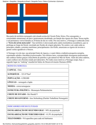 Matérias > Geografia > Geografia do Brasil > Geografia Física > Relevo Continental e Submarino




     Boa parte do território norueguês está situado acima do Círculo Polar Ártico. Por conseguinte, a
     extremidade setentrional, do país é praticamente desabitada, em função dos rigores do clima. Nessa região,
     o sol permanece visível durante as 24 horas do dia no verão. Por esse motivo, a Noruega é conhecida como
     a “Terra do sol da meia-noite”. Seu território é atravessado pela cadeia montanhosa escandinava, que se
     prolonga ao longo do litoral, recortado por fiordes de origem glaciária. No centro e sul, onde estão as
     principais cidades, correntes marítimas, principalmente a do Golfo, amenizam os rigores do inverno e
     geram verões agradáveis e frescos.
     A Noruega vive do mar, sua principal fonte de riqueza, e o país lidera a indústria pesqueira européia,
     exportando salmão e bacalhau já processados. Nos últimos anos, a prosperidade norueguesa praticamente
     não conhece limites graças à descoberta de petróleo e gás natural no Mar do Norte. Além dos altos salários,
     o país conhece um eficiente estado previdenciário. Por todos esses motivos a Noruega ocupa, hoje, o
     segundo lugar no “ranking” mundial do Índice de Desenvolvimento Humano (IDH).
       REINO DA NORUEGA

       CAPITAL - Oslo

       SUPERFÍCIE - 323.877km2

       POPULAÇÃO - 4.500.000

       LÍNGUAS - norueguês e lapão

       MOEDA - coroa norueguesa

       ESTRUTURA POLÍTICA - Monarquia Parlamentarista

       CHEFE DE ESTADO - Rei Harald V

       CHEFE DO GOVERNO - Jens Stoltenberg (Partido Trabalhista Norueguês)



       INDICADORES SÓCIOCULTURAIS

       ESCOLARIZAÇÃO DE SEGUNDO GRAU - 94% da população

       ESCOLARIZAÇÃO DE TERCEIRO GRAU - 61,9% da população

       TELEVISORES - 916 aparelhos para cada mil habitantes

file:///C|/html_10emtudo/Geografia/html_geografia_total.htm (133 of 300) [05/10/2001 22:15:15]
 