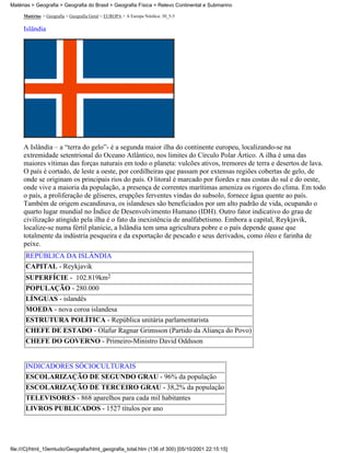 Matérias > Geografia > Geografia do Brasil > Geografia Física > Relevo Continental e Submarino

     Matérias > Geografia > Geografia Geral > EUROPA > A Europa Nórdica: 30_5-5

     Islândia




     A Islândia – a “terra do gelo”- é a segunda maior ilha do continente europeu, localizando-se na
     extremidade setentrional do Oceano Atlântico, nos limites do Círculo Polar Ártico. A ilha é uma das
     maiores vítimas das forças naturais em todo o planeta: vulcões ativos, tremores de terra e desertos de lava.
     O país é cortado, de leste a oeste, por cordilheiras que passam por extensas regiões cobertas de gelo, de
     onde se originam os principais rios do país. O litoral é marcado por fiordes e nas costas do sul e do oeste,
     onde vive a maioria da população, a presença de correntes marítimas ameniza os rigores do clima. Em todo
     o país, a proliferação de gêiseres, erupções ferventes vindas do subsolo, fornece água quente ao país.
     Também de origem escandinava, os islandeses são beneficiados por um alto padrão de vida, ocupando o
     quarto lugar mundial no Índice de Desenvolvimento Humano (IDH). Outro fator indicativo do grau de
     civilização atingido pela ilha é o fato da inexistência de analfabetismo. Embora a capital, Reykjavik,
     localize-se numa fértil planície, a Islândia tem uma agricultura pobre e o país depende quase que
     totalmente da indústria pesqueira e da exportação de pescado e seus derivados, como óleo e farinha de
     peixe.
      REPÚBLICA DA ISLÂNDIA
      CAPITAL - Reykjavik
      SUPERFÍCIE - 102.819km2
      POPULAÇÃO - 280.000
      LÍNGUAS - islandês
      MOEDA - nova coroa islandesa
      ESTRUTURA POLÍTICA - República unitária parlamentarista
      CHEFE DE ESTADO - Olafur Ragnar Grimsson (Partido da Aliança do Povo)
      CHEFE DO GOVERNO - Primeiro-Ministro David Oddsson


      INDICADORES SÓCIOCULTURAIS
      ESCOLARIZAÇÃO DE SEGUNDO GRAU - 96% da população
      ESCOLARIZAÇÃO DE TERCEIRO GRAU - 38,2% da população
      TELEVISORES - 868 aparelhos para cada mil habitantes
      LIVROS PUBLICADOS - 1527 títulos por ano




file:///C|/html_10emtudo/Geografia/html_geografia_total.htm (136 of 300) [05/10/2001 22:15:15]
 