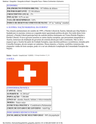 Matérias > Geografia > Geografia do Brasil > Geografia Física > Relevo Continental e Submarino


      ECONOMIA
      PIB (PRODUTO INTERNO BRUTO) - 187 bilhões de dólares
      PIB POR HABITANTE - 23.166 dólares
      CRESCIMENTO ANUAL - 2%
      INFLAÇÃO - 0,5% ao ano
      TAXA DE DESEMPREGO - 3,6%
      ÍNDICE DE DESENVOLVIMENTO HUMANO - 16º no “ranking” mundial

     A ÁUSTRIA: NAÇÃO MARGINAL DA EUROPA?
     Nas eleições parlamentares de outubro de 1999, o Partido Liberal da Áustria, liderado por Jörg Haider e
     fundado por ex-nazistas, tornou-se a segunda maior agremiação política do país. Em razão desse êxito
     eleitoral, o Partido Liberal participa hoje da coalizão política dominante em Viena (Partido Popular e
     Partido Liberal). O novo governo assustou as outras nações européias, que procuraram marginalizar a
     Áustria, temerosos da irradiação de governos de extrema direita por todo o continente. Não se deve
     esquecer que a Áustria faz parte da Unidade Européia, cujas decisões políticas e econômicas, tomadas pelo
     Conselho Europeu, devem sempre ser unânimes. Dessa maneira, a Áustria, xenófoba e temerosa das
     migrações vindas do leste europeu, pode vir a ser um obstáculo à ampliação da Comunidade Européia das
     Nações.


     Matérias > Geografia > Geografia Geral > EUROPA > A Europa Germânica: 31_3-4

     A SUÍÇA




      CONFEDERAÇÃO SUÍÇA
      CAPITAL - Berna
      SUPERFÍCIE - 41.288 km2
      POPULAÇÃO - 7.300.000
      LÍNGUAS - alemão, francês, italiano, e rético-romanche
      MOEDA - franco suíço
      ESTRUTURA POLÍTICA - Condeferativa Parlamentar
      CHEFE DE ESTADO E DE GOVERNO - Adolf Ogi

      INDICADORES SÓCIOCULTURAIS
      ESCOLARIZAÇÃO DE SEGUNDO GRAU - 86% da população


file:///C|/html_10emtudo/Geografia/html_geografia_total.htm (141 of 300) [05/10/2001 22:15:16]
 