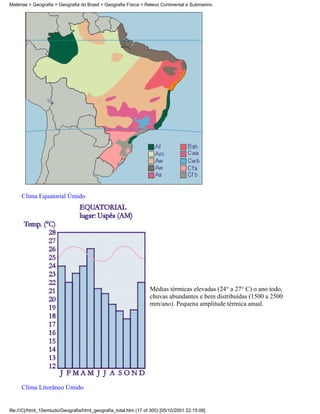 Matérias > Geografia > Geografia do Brasil > Geografia Física > Relevo Continental e Submarino




     Clima Equatorial Úmido




                                                                  Médias térmicas elevadas (24° a 27° C) o ano todo,
                                                                  chuvas abundantes e bem distribuídas (1500 a 2500
                                                                  mm/ano). Pequena amplitude térmica anual.




     Clima Litorâneo Úmido


file:///C|/html_10emtudo/Geografia/html_geografia_total.htm (17 of 300) [05/10/2001 22:15:06]
 