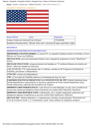 Matérias > Geografia > Geografia do Brasil > Geografia Física > Relevo Continental e Submarino

     Matérias > Geografia > Geografia Geral > AMÉRICA DO NORTE > Estados Unidos da América: 41_1-5

     ESTADOS UNIDOS DA AMÉRICA




      Nome Oficial                          Área                                       População
      Estados Unidos da América 9.363.520 Km2                                          270.000.000
      República Presidencialista Moeda: dólar norte- americano Língua majoritária: inglês

     HISTÓRICO
      MOMENTOS HISTÓRICOS FUNDAMENTAIS
      PRIMEIROS COLONIZADORES- no século XV, os espanhóis fundaram núcleos na Flórida, no Novo
      México, no Texas e na Califórnia.
      SÉCULO XVII- início da colonização britânica com a chegada de imigrantes no navio “Mayflower”
      (1621)
      SÉCULOS XVII E XVIII - progressivamente são fundadas as “13 colônias britânicas da América do
      Norte”, todas elas situadas na costa leste
      4 DE JULHO DE 1776- representantes das 13 colônias, reunidos no IIº Congresso Continental da
      Filadélfia, proclamam a independência
      1776-1783- a Guerra da Independência
      1787- a Convenção de Filadélfia elaborou a Constituição,até hoje em vigor
      PARTIDOS POLÍTICOS PRESENTES NA CONSTITUINTE DE 1787- Partido Federalista (hoje,
      Partido Republicano), representando os interesses capitalistas do Norte; Partido Republicano (hoje,
      Partido Democrata), expressão dos fazendeiros da Virgínia
      PROPOSTA DOS FEDERALISTAS- o país deveria ser uma federação, ou seja, com a existência de
      um governo central que delegasse relativa autonomia aos estados (líder federalista: Hamilton)
      PROPOSTA DOS REPUBLICANOS- confederação, isto é, estados amplamente autônomos que
      delegassem algumas competências ao governo central (líder republicano: Jefferson)
      SÉCULO XIX- “Destino Manifesto”: a expansão para o Pacífico incentivada pelo “Homestead Act”
      (“Lei de Cessão de Terras”). A “corrida para o oeste” atraiu milhares de imigrantes europeus




file:///C|/html_10emtudo/Geografia/html_geografia_total.htm (230 of 300) [05/10/2001 22:15:20]
 