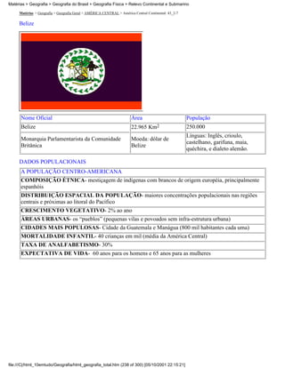 Matérias > Geografia > Geografia do Brasil > Geografia Física > Relevo Continental e Submarino

     Matérias > Geografia > Geografia Geral > AMÉRICA CENTRAL > América Central Continental: 43_2-7

     Belize




      Nome Oficial                                                     Área                           População
      Belize                                                           22.965 Km2                     250.000
                                                                                                      Línguas: Inglês, crioulo,
      Monarquia Parlamentarista da Comunidade                          Moeda: dólar de
                                                                                                      castelhano, garifuna, maia,
      Britânica                                                        Belize
                                                                                                      quéchira, e dialeto alemão.

     DADOS POPULACIONAIS
      A POPULAÇÃO CENTRO-AMERICANA
      COMPOSIÇÃO ÉTNICA- mestiçagem de indígenas com brancos de origem européia, principalmente
      espanhóis
      DISTRIBUIÇÃO ESPACIAL DA POPULAÇÃO- maiores concentrações populacionais nas regiões
      centrais e próximas ao litoral do Pacífico
      CRESCIMENTO VEGETATIVO- 2% ao ano
      ÁREAS URBANAS- os “pueblos” (pequenas vilas e povoados sem infra-estrutura urbana)
      CIDADES MAIS POPULOSAS- Cidade da Guatemala e Manágua (800 mil habitantes cada uma)
      MORTALIDADE INFANTIL- 40 crianças em mil (média da América Central)
      TAXA DE ANALFABETISMO- 30%
      EXPECTATIVA DE VIDA- 60 anos para os homens e 65 anos para as mulheres




file:///C|/html_10emtudo/Geografia/html_geografia_total.htm (238 of 300) [05/10/2001 22:15:21]
 