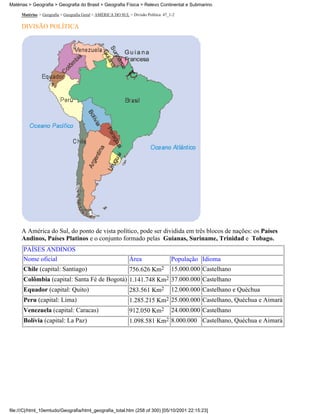Matérias > Geografia > Geografia do Brasil > Geografia Física > Relevo Continental e Submarino

     Matérias > Geografia > Geografia Geral > AMÉRICA DO SUL > Divisão Política: 47_1-2

     DIVISÃO POLÍTICA




     A América do Sul, do ponto de vista político, pode ser dividida em três blocos de nações: os Países
     Andinos, Países Platinos e o conjunto formado pelas Guianas, Suriname, Trinidad e Tobago.
      PAÍSES ANDINOS
      Nome oficial                                            Área                   População Idioma
      Chile (capital: Santiago)                               756.626 Km2            15.000.000 Castelhano
      Colômbia (capital: Santa Fé de Bogotá) 1.141.748 Km2 37.000.000 Castelhano
      Equador (capital: Quito)                                283.561 Km2            12.000.000 Castelhano e Quéchua
      Peru (capital: Lima)                                    1.285.215 Km2 25.000.000 Castelhano, Quéchua e Aimará
      Venezuela (capital: Caracas)                            912.050 Km2            24.000.000 Castelhano
      Bolívia (capital: La Paz)                               1.098.581 Km2 8.000.000 Castelhano, Quéchua e Aimará




file:///C|/html_10emtudo/Geografia/html_geografia_total.htm (258 of 300) [05/10/2001 22:15:23]
 