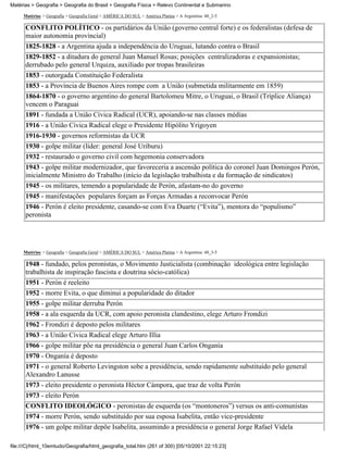 Matérias > Geografia > Geografia do Brasil > Geografia Física > Relevo Continental e Submarino

     Matérias > Geografia > Geografia Geral > AMÉRICA DO SUL > América Platina > A Argentina: 48_2-5

      CONFLITO POLÍTICO - os partidários da União (governo central forte) e os federalistas (defesa de
      maior autonomia provincial)
      1825-1828 - a Argentina ajuda a independência do Uruguai, lutando contra o Brasil
      1829-1852 - a ditadura do general Juan Manuel Rosas; posições centralizadoras e expansionistas;
      derrubado pelo general Urquiza, auxiliado por tropas brasileiras
      1853 - outorgada Constituição Federalista
      1853 - a Província de Buenos Aires rompe com a União (submetida militarmente em 1859)
      1864-1870 - o governo argentino do general Bartolomeu Mitre, o Uruguai, o Brasil (Tríplice Aliança)
      vencem o Paraguai
      1891 - fundada a União Cívica Radical (UCR), apoiando-se nas classes médias
      1916 - a União Cívica Radical elege o Presidente Hipólito Yrigoyen
      1916-1930 - governos reformistas da UCR
      1930 - golpe militar (líder: general José Uriburu)
      1932 - restaurado o governo civil com hegemonia conservadora
      1943 - golpe militar modernizador, que favoreceria a ascensão política do coronel Juan Domingos Perón,
      inicialmente Ministro do Trabalho (início da legislação trabalhista e da formação de sindicatos)
      1945 - os militares, temendo a popularidade de Perón, afastam-no do governo
      1945 - manifestações populares forçam as Forças Armadas a reconvocar Perón
      1946 - Perón é eleito presidente, casando-se com Eva Duarte (“Evita”), mentora do “populismo”
      peronista




     Matérias > Geografia > Geografia Geral > AMÉRICA DO SUL > América Platina > A Argentina: 48_3-5

      1948 - fundado, pelos peronistas, o Movimento Justicialista (combinação ideológica entre legislação
      trabalhista de inspiração fascista e doutrina sócio-católica)
      1951 - Perón é reeleito
      1952 - morre Evita, o que diminui a popularidade do ditador
      1955 - golpe militar derruba Perón
      1958 - a ala esquerda da UCR, com apoio peronista clandestino, elege Arturo Frondizi
      1962 - Frondizi é deposto pelos militares
      1963 - a União Cívica Radical elege Arturo Illia
      1966 - golpe militar põe na presidência o general Juan Carlos Onganía
      1970 - Onganía é deposto
      1971 - o general Roberto Levingston sobe a presidência, sendo rapidamente substituído pelo general
      Alexandro Lanusse
      1973 - eleito presidente o peronista Héctor Cámpora, que traz de volta Perón
      1973 - eleito Perón
      CONFLITO IDEOLÓGICO - peronistas de esquerda (os “montoneros”) versus os anti-comunistas
      1974 - morre Perón, sendo substituído por sua esposa Isabelita, então vice-presidente
      1976 - um golpe militar depõe Isabelita, assumindo a presidência o general Jorge Rafael Videla

file:///C|/html_10emtudo/Geografia/html_geografia_total.htm (261 of 300) [05/10/2001 22:15:23]
 
