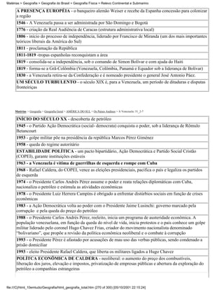 Matérias > Geografia > Geografia do Brasil > Geografia Física > Relevo Continental e Submarino

      A PRESENÇA EUROPÉIA - o banqueiro alemão Weiser e recebe da Espanha concessão para colonizar
      a região
      1546 - A Venezuela passa a ser administrada por São Domingo e Bogotá
      1776 - criação da Real Audiência de Caracas (estrutura administrativa local)
      1806 - início do processo de independência, liderado por Francisco de Miranda (um dos mais importantes
      teóricos liberais da América do Sul)
      1811 - proclamação da República
      1811-1819 -tropas espanholas reconquistam a área
      1819 - consolida-se a independência, sob o comando de Simon Bolívar e com ajuda do Haiti
      1819 - forma-se a Grã-Colômbia (Venezuela, Colômbia, Panamá e Equador sob a liderança de Bolívar)
      1830 - a Venezuela retira-se da Confederação e é nomeado presidente o general José Antonio Páez.
      UM SÉCULO TURBULENTO - o século XIX é, para a Venezuela, um período de ditaduras e disputas
      fronteiriças




     Matérias > Geografia > Geografia Geral > AMÉRICA DO SUL > Os Países Andinos > A Venezuela: 51_2-7

      INÍCIO DO SÉCULO XX - descoberta de petróleo
      1945 - o Partido Ação Democrática (social- democrata) conquista o poder, sob a liderança de Rômulo
      Betancourt
      1953 - golpe militar põe na presidência da república Marcos Pérez Giménez
      1958 - queda do regime autoritário
      ESTABILIDADE POLÍTICA - um pacto bipartidário, Ação Democrática e Partido Social Cristão
      (COPEI), garante instituições estáveis
      1963 - a Venezuela é vítima de guerrilhas de esquerda e rompe com Cuba
      1968 - Rafael Caldera, do COPEI, vence as eleições presidenciais, pacifica o país e legaliza os partidos
      de esquerda
      1974 - o Presidente Carlos Andrés Pérez assume o poder e reata relações diplomáticas com Cuba,
      nacionaliza o petróleo e estimula as atividades econômicas
      1978 - o Presidente Luiz Herrera Campíns é obrigado a enfrentar distúrbios sociais em função de crises
      econômicas
      1983 - a Ação Democrática volta ao poder com o Presidente Jaime Lusinchi: governo marcado pela
      corrupção e pela queda do preço do petróleo
      1988 - o Presidente Carlos Andrés Pérez, reeleito, inicia um programa de austeridade econômica. A
      população venezuelana, em função da queda do nível de vida, inicia protestos e o país conhece um golpe
      militar liderado pelo coronel Hugo Chavez Frias, criador do movimento nacionalista denominado
      “bolivariano”, que propõe a revisão da política econômica neoliberal e o combate à corrupção
      1993 - o Presidente Pérez é afastado por acusações de mau uso das verbas públicas, sendo condenado a
      prisão domiciliar
      1993 - eleito Presidente Rafael Caldera, que liberta os militares ligados a Hugo Chavez
      POLÍTCA ECONÔMICA DE CALDERA - neoliberal: o aumento do preço dos combustíveis,
      liberação dos juros, elevação e impostos, privatização de empresas públicas e abertura da exploração do
      petróleo a companhias estrangeiras



file:///C|/html_10emtudo/Geografia/html_geografia_total.htm (270 of 300) [05/10/2001 22:15:24]
 