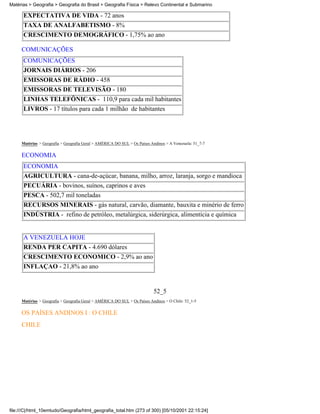 Matérias > Geografia > Geografia do Brasil > Geografia Física > Relevo Continental e Submarino

      EXPECTATIVA DE VIDA - 72 anos
      TAXA DE ANALFABETISMO - 8%
      CRESCIMENTO DEMOGRÁFICO - 1,75% ao ano

     COMUNICAÇÕES
      COMUNICAÇÕES
      JORNAIS DIÁRIOS - 206
      EMISSORAS DE RÁDIO - 458
      EMISSORAS DE TELEVISÃO - 180
      LINHAS TELEFÔNICAS - 110,9 para cada mil habitantes
      LIVROS - 17 títulos para cada 1 milhão de habitantes




     Matérias > Geografia > Geografia Geral > AMÉRICA DO SUL > Os Países Andinos > A Venezuela: 51_7-7

     ECONOMIA
      ECONOMIA
      AGRICULTURA - cana-de-açúcar, banana, milho, arroz, laranja, sorgo e mandioca
      PECUÁRIA - bovinos, suínos, caprinos e aves
      PESCA - 502,7 mil toneladas
      RECURSOS MINERAIS - gás natural, carvão, diamante, bauxita e minério de ferro
      INDÚSTRIA - refino de petróleo, metalúrgica, siderúrgica, alimentícia e química


      A VENEZUELA HOJE
      RENDA PER CAPITA - 4.690 dólares
      CRESCIMENTO ECONOMICO - 2,9% ao ano
      INFLAÇAO - 21,8% ao ano


                                                                           52_5
     Matérias > Geografia > Geografia Geral > AMÉRICA DO SUL > Os Países Andinos > O Chile: 52_1-5

     OS PAÍSES ANDINOS I : O CHILE
     CHILE




file:///C|/html_10emtudo/Geografia/html_geografia_total.htm (273 of 300) [05/10/2001 22:15:24]
 
