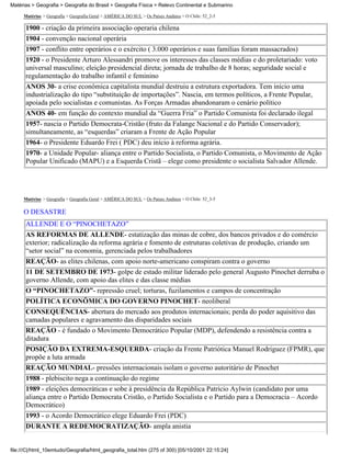 Matérias > Geografia > Geografia do Brasil > Geografia Física > Relevo Continental e Submarino

     Matérias > Geografia > Geografia Geral > AMÉRICA DO SUL > Os Países Andinos > O Chile: 52_2-5

      1900 - criação da primeira associação operaria chilena
      1904 - convenção nacional operária
      1907 - conflito entre operários e o exército ( 3.000 operários e suas famílias foram massacrados)
      1920 - o Presidente Arturo Alessandri promove os interesses das classes médias e do proletariado: voto
      universal masculino; eleição presidencial direta; jornada de trabalho de 8 horas; seguridade social e
      regulamentação do trabalho infantil e feminino
      ANOS 30- a crise econômica capitalista mundial destruiu a estrutura exportadora. Tem início uma
      industrialização do tipo “substituição de importações”. Nascia, em termos políticos, a Frente Popular,
      apoiada pelo socialistas e comunistas. As Forças Armadas abandonaram o cenário político
      ANOS 40- em função do contexto mundial da “Guerra Fria” o Partido Comunista foi declarado ilegal
      1957- nascia o Partido Democrata-Cristão (fruto da Falange Nacional e do Partido Conservador);
      simultaneamente, as “esquerdas” criaram a Frente de Ação Popular
      1964- o Presidente Eduardo Frei ( PDC) deu início à reforma agrária.
      1970- a Unidade Popular- aliança entre o Partido Socialista, o Partido Comunista, o Movimento de Ação
      Popular Unificado (MAPU) e a Esquerda Cristã – elege como presidente o socialista Salvador Allende.




     Matérias > Geografia > Geografia Geral > AMÉRICA DO SUL > Os Países Andinos > O Chile: 52_3-5

     O DESASTRE
      ALLENDE E O “PINOCHETAZO”
      AS REFORMAS DE ALLENDE- estatização das minas de cobre, dos bancos privados e do comércio
      exterior; radicalização da reforma agrária e fomento de estruturas coletivas de produção, criando um
      “setor social” na economia, gerenciada pelos trabalhadores
      REAÇÃO- as elites chilenas, com apoio norte-americano conspiram contra o governo
      11 DE SETEMBRO DE 1973- golpe de estado militar liderado pelo general Augusto Pinochet derruba o
      governo Allende, com apoio das elites e das classe médias
      O “PINOCHETAZO”- repressão cruel; torturas, fuzilamentos e campos de concentração
      POLÍTICA ECONÔMICA DO GOVERNO PINOCHET- neoliberal
      CONSEQUÊNCIAS- abertura do mercado aos produtos internacionais; perda do poder aquisitivo das
      camadas populares e agravamento das disparidades sociais
      REAÇÃO - é fundado o Movimento Democrático Popular (MDP), defendendo a resistência contra a
      ditadura
      POSIÇÃO DA EXTREMA-ESQUERDA- criação da Frente Patriótica Manuel Rodriguez (FPMR), que
      propõe a luta armada
      REAÇÃO MUNDIAL- pressões internacionais isolam o governo autoritário de Pinochet
      1988 - plebiscito nega a continuação do regime
      1989 - eleições democráticas e sobe à presidência da República Patrício Aylwin (candidato por uma
      aliança entre o Partido Democrata Cristão, o Partido Socialista e o Partido para a Democracia – Acordo
      Democrático)
      1993 - o Acordo Democrático elege Eduardo Frei (PDC)
      DURANTE A REDEMOCRATIZAÇÃO- ampla anistia


file:///C|/html_10emtudo/Geografia/html_geografia_total.htm (275 of 300) [05/10/2001 22:15:24]
 