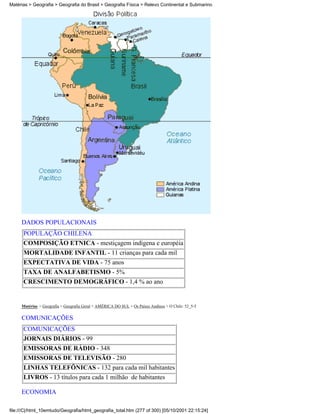 Matérias > Geografia > Geografia do Brasil > Geografia Física > Relevo Continental e Submarino




     DADOS POPULACIONAIS
      POPULAÇÃO CHILENA
      COMPOSIÇÃO ETNICA - mestiçagem indígena e européia
      MORTALIDADE INFANTIL - 11 crianças para cada mil
      EXPECTATIVA DE VIDA - 75 anos
      TAXA DE ANALFABETISMO - 5%
      CRESCIMENTO DEMOGRÁFICO - 1,4 % ao ano


     Matérias > Geografia > Geografia Geral > AMÉRICA DO SUL > Os Países Andinos > O Chile: 52_5-5

     COMUNICAÇÕES
      COMUNICAÇÕES
      JORNAIS DIÁRIOS - 99
      EMISSORAS DE RÁDIO - 348
      EMISSORAS DE TELEVISÃO - 280
      LINHAS TELEFÔNICAS - 132 para cada mil habitantes
      LIVROS - 13 títulos para cada 1 milhão de habitantes

     ECONOMIA

file:///C|/html_10emtudo/Geografia/html_geografia_total.htm (277 of 300) [05/10/2001 22:15:24]
 