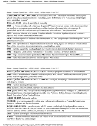 Matérias > Geografia > Geografia do Brasil > Geografia Física > Relevo Continental e Submarino




     Matérias > Geografia > Geografia Geral > AMÉRICA DO SUL > Os Países Andinos > O Peru: 53_4-7

      NASCE O PARTIDO COMUNISTA - dissidência do APRA , o Partido Comunista é fundado pelo
      grande intelectual peruano José Carlos Mariátegui, autor do brilhante livro “Ensaios de interpretação
      sobre a realidade peruana”
      DÉCADA DE 60 - início da guerrilha de esquerda
      1968 - as Forças Armadas, sob a liderança do general Velasco Alvarado toma o poder. Corrente militar
      nacionalista, o novo governo nacionaliza o petróleo, inicia a reforma agrária, cria empresas de
      propriedade social e leva adiante uma política externa independente e “terceiromundista”
      1975 - Velasco é afastado pelo general Francisco Morales Bermúdez, ligado a oligarquia peruana e
      apoiado pelo sistema financeiro internacional
      1978 - eleições legislativas dividem o Parlamento entre o APRA (esquerda) e o Partido Popular Cristão
      (direita conservadora)
      1980 - sobe à presidência da República Fernando Belaúnde Terry, ligado aos interesses conservadores.
      Sua política econômica gerou: desemprego e concentração de renda
      1980 - explodia a guerrilha encabeçada pelo movimento maoísta denominado Sendero Luminoso
      1982 - a Esquerda Unida (frente parlamentar de esquerdas) assumiu a prefeitura de Lima
      1984 - surgia outro movimento guerrilheiro: Movimento Revolucionário Tupac Amaru (MRTA)
      1985 - eleito Presidente da República o líder “aprista” Alan Garcia




     Matérias > Geografia > Geografia Geral > AMÉRICA DO SUL > Os Países Andinos > O Peru: 53_5-7

      CONSEQUÊNCIAS DO GOVERNO GARCIA - inflação galopante e aumento da dívida externa
      1989 - eleito a presidência da República Alberto Fujimori pelo Partido Cambio-90, vencendo o grande
      escrito Mario Vargas Llosa, candidato liberal
      CONSEQUÊNCIAS DO GOVERNO FUJIMORI - deflação; desemprego e abaixamento do padrão de
      vida do povo peruano
      1992 - Fujimori da um golpe de estado
      1992- é preso Abimael Guzmán, líder do Sendero Luminoso
      1995- guerra entre o Peru e o Equador motivada por uma disputa fronteiriça na região da Cordilheira del
      Cóndor (pacificada pelas negociações promovidas pelo Protocolo do Rio, firmado pela mediação entre
      Brasil, Argentina, Chile e Estados Unidos
      ABRIL DE 1995- Fujimori é reeleito
      TERROR - o governo peruano leva efeito uma violenta repressão contra as “esquerdas”, ocorrendo
      inúmeras violações aos direitos humanos
      DEZEMBRO DE 1996 - guerrilheiros do MRTA tomam a embaixada do Japão em Lima, onde se
      realizava uma festa com 450 convidados que são mantidos como reféns (após 126 dias, um comando do
      exército peruano retoma a embaixada, matando os militantes do MRTA)
      2000 - Fujimori é eleito pela terceira vez mediante fraude
      CRISE - Fujimori renuncia à presidência em função de um escândalo envolvendo Vladimiro Montesinos,
      seu “braço direito” na administração


file:///C|/html_10emtudo/Geografia/html_geografia_total.htm (281 of 300) [05/10/2001 22:15:24]
 
