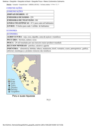 Matérias > Geografia > Geografia do Brasil > Geografia Física > Relevo Continental e Submarino

     Matérias > Geografia > Geografia Geral > AMÉRICA DO SUL > Os Países Andinos > O Peru: 53_7-7

     COMUNICAÇÕES
      COMUNICAÇÕES
      JORNAIS DIÁRIOS - 85
      EMISSORAS DE RÁDIO - 259
      EMISSORAS DE TELEVISÃO -100
      LINHAS TELEFÔNICAS - 47,1 para cada mil habitantes
      LIVROS - 9 títulos para cada 1 milhão de habitantes

     ECONOMIA
      ECONOMIA
      AGRICULTURA - soja, coca, algodão, cana-de-açúcar e mandioca
      PECUÁRIA - bovinos, suínos e aves
      PESCA - 28 mil toneladas por ano (terceiro maior produtor mundial)
      RECUSOS MINERAIS - petróleo, calcário e gipsita
      INDÚSTRIA - alimentícia, bebidas, tabaco, madeireira, têxtil, vestuário, couro, petroquímica , gráfica,
      editorial, metalúrgica e produtos minerais não metálicos




                                                                           54_8




file:///C|/html_10emtudo/Geografia/html_geografia_total.htm (283 of 300) [05/10/2001 22:15:25]
 