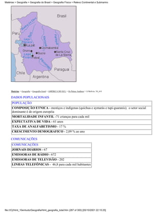 Matérias > Geografia > Geografia do Brasil > Geografia Física > Relevo Continental e Submarino




     Matérias > Geografia > Geografia Geral > AMÉRICA DO SUL > Os Países Andinos > A Bolívia: 54_6-8

     DADOS POPULACIONAIS
      POPULAÇÃO
      COMPOSIÇÃO ETNICA - mestiços e indígenas (quíchua e aymarás e tupi-guaranis); o setor social
      dominante é de origem européia
      MORTALIDADE INFANTIL -71 crianças para cada mil
      EXPECTATIVA DE VIDA - 61 anos
      TAXA DE ANALFABETISMO - 17 %
      CRESCIMENTO DEMOGRAFICO - 2,09 % ao ano

     COMUNICAÇÕES
      COMUNICAÇÕES
      JORNAIS DIÁRIOS - 67
      EMISSORAS DE RÁDIO - 672
      EMISSORAS DE TELEVISÃO - 202
      LINHAS TELEFÔNICAS - 46,8 para cada mil habitantes




file:///C|/html_10emtudo/Geografia/html_geografia_total.htm (287 of 300) [05/10/2001 22:15:25]
 