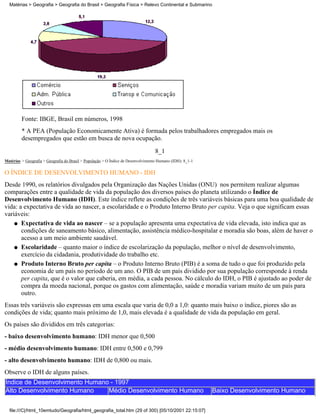 Matérias > Geografia > Geografia do Brasil > Geografia Física > Relevo Continental e Submarino




         Fonte: IBGE, Brasil em números, 1998
         * A PEA (População Economicamente Ativa) é formada pelos trabalhadores empregados mais os
         desempregados que estão em busca de nova ocupação.
                                                                                   8_1
Matérias > Geografia > Geografia do Brasil > População > O Índice de Desenvolvimento Humano (IDH): 8_1-1

O ÍNDICE DE DESENVOLVIMENTO HUMANO - IDH
Desde 1990, os relatórios divulgados pela Organização das Nações Unidas (ONU) nos permitem realizar algumas
comparações entre a qualidade de vida da população dos diversos países do planeta utilizando o Índice de
Desenvolvimento Humano (IDH). Este índice reflete as condições de três variáveis básicas para uma boa qualidade de
vida: a expectativa de vida ao nascer, a escolaridade e o Produto Interno Bruto per capita. Veja o que significam essas
variáveis:
    q Expectativa de vida ao nascer – se a população apresenta uma expectativa de vida elevada, isto indica que as
       condições de saneamento básico, alimentação, assistência médico-hospitalar e moradia são boas, além de haver o
       acesso a um meio ambiente saudável.
    q Escolaridade – quanto maior o índice de escolarização da população, melhor o nível de desenvolvimento,
       exercício da cidadania, produtividade do trabalho etc.
    q Produto Interno Bruto per capita – o Produto Interno Bruto (PIB) é a soma de tudo o que foi produzido pela
       economia de um país no período de um ano. O PIB de um país dividido por sua população corresponde à renda
       per capita, que é o valor que caberia, em média, a cada pessoa. No cálculo do IDH, o PIB é ajustado ao poder de
       compra da moeda nacional, porque os gastos com alimentação, saúde e moradia variam muito de um país para
       outro.
Essas três variáveis são expressas em uma escala que varia de 0,0 a 1,0: quanto mais baixo o índice, piores são as
condições de vida; quanto mais próximo de 1,0, mais elevada é a qualidade de vida da população em geral.
Os países são divididos em três categorias:
- baixo desenvolvimento humano: IDH menor que 0,500
- médio desenvolvimento humano: IDH entre 0,500 e 0,799
- alto desenvolvimento humano: IDH de 0,800 ou mais.
Observe o IDH de alguns países.
Índice de Desenvolvimento Humano - 1997
Alto Desenvolvimento Humano     Médio Desenvolvimento Humano                                               Baixo Desenvolvimento Humano


  file:///C|/html_10emtudo/Geografia/html_geografia_total.htm (29 of 300) [05/10/2001 22:15:07]
 