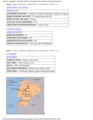 Matérias > Geografia > Geografia do Brasil > Geografia Física > Relevo Continental e Submarino

     Matérias > Geografia > Geografia Geral > AMÉRICA DO SUL > Os Países Andinos > O Equador: 55_4-8

     DADOS POPULACIONAIS
      POPULAÇÃO
      COMPOSIÇÃO ÉTNICA - quíchuas e mestiços (espanhóis, indígenas e negros)
      MORTALIDADE INFANTIL - 31 crianças para cada mil
      EXPECTATIVA DE VIDA - 70 anos
      TAXA DE ANALFABETISMO - 10 %
      CRESCIMENTO DEMOGRÁFICO - 1,66% ao ano

     COMUNICAÇÕES
      COMUNICAÇÕES
      JORNAIS DIÁRIOS - 70
      EMISSORAS DE RÁDIO - 332
      EMISSORAS DE TELEVISÃO - 148
      LINHAS TELEFÔNICAS - 65,2 para cada mil habitantes


     Matérias > Geografia > Geografia Geral > AMÉRICA DO SUL > Os Países Andinos > O Equador: 55_5-8

     ECONOMIA
      ECONOMIA
      AGRICULTURA - banana, café e cacau
      PECUÁRIA - ovinos, suínos e aves
      PESCA - 688, 3 mil toneladas
      RECURSOS MINERAIS - petróleo, ouro, cobre e prata
      INDÚSTRIA - alimentícia, química, papel e refino de petróleo




file:///C|/html_10emtudo/Geografia/html_geografia_total.htm (292 of 300) [05/10/2001 22:15:25]
 