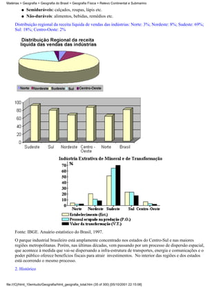 Matérias > Geografia > Geografia do Brasil > Geografia Física > Relevo Continental e Submarino

          q   Semiduráveis: calçados, roupas, lápis etc.
          q   Não-duráveis: alimentos, bebidas, remédios etc.
     Distribuição regional da receita líquida de vendas das indústrias: Norte: 3%; Nordeste: 8%; Sudeste: 69%;
     Sul: 18%; Centro-Oeste: 2%




     Fonte: IBGE. Anuário estatístico do Brasil, 1997.
     O parque industrial brasileiro está amplamente concentrado nos estados do Centro-Sul e nas maiores
     regiões metropolitanas. Porém, nas últimas décadas, vem passando por um processo de dispersão espacial,
     que acontece à medida que vai-se dispersando a infra-estrutura de transportes, energia e comunicações e o
     poder público oferece benefícios fiscais para atrair investimentos. No interior das regiões e dos estados
     está ocorrendo o mesmo processo.
     2. Histórico


file:///C|/html_10emtudo/Geografia/html_geografia_total.htm (35 of 300) [05/10/2001 22:15:08]
 