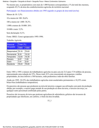 Matérias > Geografia > Geografia do Brasil > Geografia Física > Relevo Continental e Submarino

     No mesmo ano, os proprietários com mais de 1.000 hectares correspondiam a 1% do total dos mesmos,
     ocupando 45,1% da área dos estabelecimentos agrícolas do território nacional.
     Participação nos financiamentos obtidos em 1995 segundo os grupos de área total (em ha)
     Menos de 10: 3,5%
     10 a menos de 100: 26,6%
     100 a menos de 1.000: 38,3%
     1.000 a menos de 10.000: 26%
     10.000 e mais: 5,5%
     Sem declaração: 0,1%
     Fonte: IBGE. Censo agropecuário 1995-1996.
     Trabalho Agrícola

      Pessoal          Total (%)
      Ocupado          1985       1995
      Responsável 75,16           75,63
      Permanente       9,33       10,33
      Temporário       12,03      10,35
      Parceiro         2,07       1,65
      Outro            1,41       2,03
      Residente        78,43      76,65



     Entre 1985 e 1995 o número de trabalhadores agrícolas no país caiu de 23,3 para 17,9 milhões de pessoas,
     representando uma redução de 23%. Desse total, 81% esta concentrado em pequenas e médias
     propriedades, de área inferior a 100 hectares, onde predomina a mão-de-obra familiar.
     Ainda em 1995, 10,33% dos trabalhadores agrícolas eram assalariados permanentes e 10,35% eram
     bóias-frias (trabalhadores temporários).
     Os parceiros são pessoas que produzem na terra de terceiros e pagam sua utilização com parte da produção
     obtida; por exemplo, o meeiro paga metade de sua produção ao dono da terra, o terceiro um terço, ou
     qualquer outro percentual combinado pelas partes.
     Posseiros são invasores de terra que praticam agricultura de subsistência; grileiros são invasores de
     propriedades que falsificam, em cartório, o título da área invadida.

                                                                    15_1




file:///C|/html_10emtudo/Geografia/html_geografia_total.htm (46 of 300) [05/10/2001 22:15:09]
 