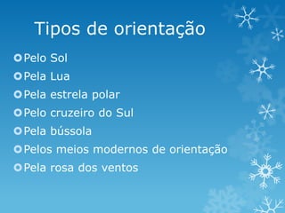 Tipos de orientação
Pelo Sol
Pela Lua
Pela estrela polar
Pelo cruzeiro do Sul
Pela bússola
Pelos meios modernos de orientação
Pela rosa dos ventos
 