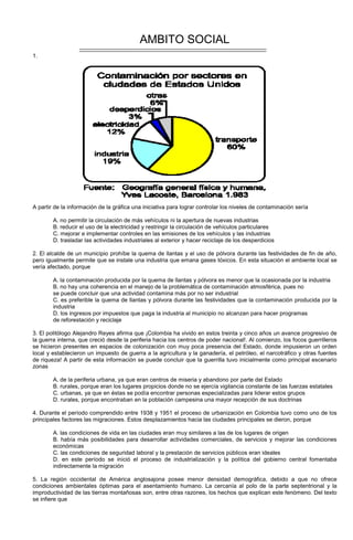 AMBITO SOCIAL
1.
A partir de la información de la gráfica una iniciativa para lograr controlar los niveles de contaminación sería
A. no permitir la circulación de más vehículos ni la apertura de nuevas industrias
B. reducir el uso de la electricidad y restringir la circulación de vehículos particulares
C. mejorar e implementar controles en las emisiones de los vehículos y las industrias
D. trasladar las actividades industriales al exterior y hacer reciclaje de los desperdicios
2. El alcalde de un municipio prohíbe la quema de llantas y el uso de pólvora durante las festividades de fin de año,
pero igualmente permite que se instale una industria que emana gases tóxicos. En esta situación el ambiente local se
vería afectado, porque
A. la contaminación producida por la quema de llantas y pólvora es menor que la ocasionada por la industria
B. no hay una coherencia en el manejo de la problemática de contaminación atmosférica, pues no
se puede concluir que una actividad contamina más por no ser industrial
C. es preferible la quema de llantas y pólvora durante las festividades que la contaminación producida por la
industria
D. los ingresos por impuestos que paga la industria al municipio no alcanzan para hacer programas
de reforestación y reciclaje
3. El politólogo Alejandro Reyes afirma que ¡Colombia ha vivido en estos treinta y cinco años un avance progresivo de
la guerra interna, que creció desde la periferia hacia los centros de poder nacional!. Al comienzo, los focos guerrilleros
se hicieron presentes en espacios de colonización con muy poca presencia del Estado, donde impusieron un orden
local y establecieron un impuesto de guerra a la agricultura y la ganadería, el petróleo, el narcotráfico y otras fuentes
de riqueza! A partir de esta información se puede concluir que la guerrilla tuvo inicialmente como principal escenario
zonas
A. de la periferia urbana, ya que eran centros de miseria y abandono por parte del Estado
B. rurales, porque eran los lugares propicios donde no se ejercía vigilancia constante de las fuerzas estatales
C. urbanas, ya que en éstas se podía encontrar personas especializadas para liderar estos grupos
D. rurales, porque encontraban en la población campesina una mayor recepción de sus doctrinas
4. Durante el período comprendido entre 1938 y 1951 el proceso de urbanización en Colombia tuvo como uno de los
principales factores las migraciones. Estos desplazamientos hacia las ciudades principales se dieron, porque
A. las condiciones de vida en las ciudades eran muy similares a las de los lugares de origen
B. había más posibilidades para desarrollar actividades comerciales, de servicios y mejorar las condiciones
económicas
C. las condiciones de seguridad laboral y la prestación de servicios públicos eran ideales
D. en este período se inició el proceso de industrialización y la política del gobierno central fomentaba
indirectamente la migración
5. La región occidental de América anglosajona posee menor densidad demográfica, debido a que no ofrece
condiciones ambientales óptimas para el asentamiento humano. La cercanía al polo de la parte septentrional y la
improductividad de las tierras montañosas son, entre otras razones, los hechos que explican este fenómeno. Del texto
se infiere que
 
