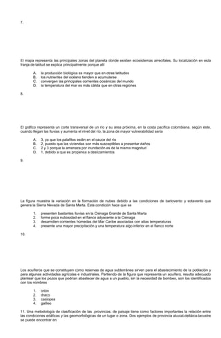 7.
El mapa representa las principales zonas del planeta donde existen ecosistemas arrecifales. Su localización en esta
franja de latitud se explica principalmente porque allí
A. la producción biológica es mayor que en otras latitudes
B. los nutrientes del océano tienden a acumularse
C. convergen las principales corrientes oceánicas del mundo
D. la temperatura del mar es más cálida que en otras regiones
8.
El gráfico representa un corte transversal de un río y su área próxima, en la costa pacífica colombiana. según éste,
cuando llegan las lluvias y aumenta el nivel del río, la zona de mayor vulnerabilidad sería
A. 3, ya que los palafitos están en el cauce del río
B. 2, puesto que las viviendas son más susceptibles a presentar daños
C. 2 y 3 porque la amenaza por inundación es de la misma magnitud
D. 1, debido a que es propensa a deslizamientos
9.
La figura muestra la variación en la formación de nubes debido a las condiciones de barlovento y sotavento que
genera la Sierra Nevada de Santa Marta. Esta condición hace que se
1. presenten bastantes lluvias en la Ciénaga Grande de Santa Marta
2. forme poca nubosidad en el flanco adyacente a la Ciénaga
3. desarrollen corrientes húmedas del Mar Caribe asociadas con altas temperaturas
4. presente una mayor precipitación y una temperatura algo inferior en el flanco norte
10.
Los acuíferos que se constituyen como reservas de agua subterránea sirven para el abastecimiento de la población y
para algunas actividades agrícolas e industriales. Partiendo de la figura que representa un acuífero, resulta adecuado
plantear que los pozos que podrían abastecer de agua a un pueblo, sin la necesidad de bombeo, son los identificados
con los nombres
1. orión
2. draco
3. casiopea
4. galileo
11. Una metodología de clasificación de las .provincias. de paisaje tiene como factores importantes la relación entre
las condiciones edáficas y las geomorfológicas de un lugar o zona. Dos ejemplos de provincia aluvial-deltáica-lacustre
se puede encontrar en
 