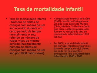 • Taxa de mortalidade infantil
- Número de óbitos de
crianças com menos de um
ano ocorrido durante um
certo período de tempo,
normalmente o ano,
referido ao número de
nados-vivos do mesmo
período (habitualmente
número de óbitos de
crianças com menos de um
ano por 1000 nados-vivos).

• A Organização Mundial de Saúde
(OMS) classificou Portugal como
um dos cinco países do Mundo
(Chile, Malásia, Tailândia e Omã)
que mais « notáveis progressos»
fizeram na redução da taxa de
mortalidade infantil desde 1970
(58 ‰).
• Em 2006, a mortalidade infantil
em Portugal registou o valor mais
baixo de sempre, com3,3 óbitos
em cada mil nascimentos.
Evolução da Taxa de Mortalidade
Infantil entre 1960 e 2006

 