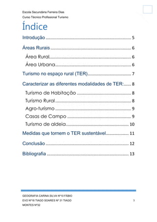 Escola Secundária Ferreira Dias
Curso Técnico Profissional Turismo

Índice
Introdução ....................................................................... 5
Áreas Rurais ................................................................... 6
Área Rural.................................................................... 6
Área Urbana ............................................................... 6
Turismo no espaço rural (TER) .................................... 7
Caracterizar as diferentes modalidades de TER: ...... 8
Turismo de Habitação ............................................. 8
Turismo Rural ............................................................... 8
Agro-turismo ............................................................... 9
Casas de Campo ..................................................... 9
Turismo de aldeia .................................................... 10
Medidas que tornem o TER sustentável................... 11
Conclusão ..................................................................... 12
Bibliografia .................................................................... 13

GEOGRAFIA CARINA SILVA Nº10 FÁBIO
EVO Nº18 TIAGO SOARES Nº 31 TIAGO
MONTES Nº32

3

 