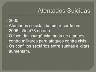  2005

 Atentados

suicidas batem recorde em
2005: são 478 no ano.
 O foco da insurgência muda de ataques
contra militares para ataques contra civis.
 Os conflitos sectários entre sunitas e xiitas
aumentam.

 