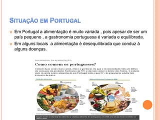 



Em Portugal a alimentação é muito variada , pois apesar de ser um
país pequeno , a gastronomia portuguesa é variada e equilibrada.
Em alguns locais a alimentação é desequilibrada que conduz á
alguns doenças.

 