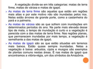 A vegetação divide-se em três categorias: matas de terra
firme, matas de várzea e matas de igapó.
 As matas de terra firme são aquelas que estão em regiões
mais altas e por este motivo não são inundadas pelos rios.
Nelas estão árvores de grande porte, como a castanheira do
pará e a palmeira.
 As matas de várzea são as que sofrem com inundações em
determinados períodos do ano. Na parte mais elevada desse
tipo de mata, o tempo de inundação é curto e a vegetação é
parecida com a das matas de terra firme. Nas regiões planas,
que permanecem inundadas por mais tempo, a vegetação é
semelhante a das matas de igapó.
 As matas de igapó são as que estão situadas em terrenos
mais baixos. Estão quase sempre inundadas. Nelas a
vegetação é baixa: arbustos, cipós e musgos são exemplos
de plantas comuns nestas áreas. É nas matas de igapó que
encontramos a vitória-régia, um dos símbolos da Amazônia.
 