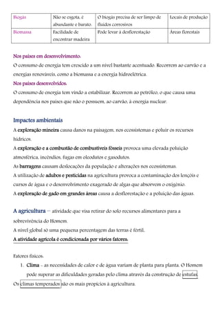 Biogás Não se esgota, é
abundante e barato.
O biogás precisa de ser limpo de
fluidos corrosivos
Locais de produção
Biomassa Facilidade de
encontrar madeira
Pode levar à desflorestação Áreas florestais
Nos países em desenvolvimento:
O consumo de energia tem crescido a um nível bastante acentuado. Recorrem ao carvão e a
energias renováveis, como a biomassa e a energia hidroelétrica.
Nos países desenvolvidos:
O consumo de energia tem vindo a estabilizar. Recorrem ao petróleo, o que causa uma
dependência nos países que não o possuem, ao carvão, à energia nuclear.
Impactes ambientais
A exploração mineira causa danos na paisagem, nos ecossistemas e poluir os recursos
hídricos.
A exploração e a combustão de combustíveis fósseis provoca uma elevada poluição
atmosférica, incêndios, fugas em oleodutos e gasodutos.
As barragens causam deslocações da população e alterações nos ecossistemas.
A utilização de adubos e pesticidas na agricultura provoca a contaminação dos lençóis e
cursos de água e o desenvolvimento exagerado de algas que absorvem o oxigénio.
A exploração de gado em grandes áreas causa a desflorestação e a poluição das águas.
A agricultura – atividade que visa retirar do solo recursos alimentares para a
sobrevivência do Homem.
A nível global só uma pequena percentagem das terras é fértil.
A atividade agrícola é condicionada por vários fatores:
Fatores físicos:
1. Clima - as necessidades de calor e de água variam de planta para planta. O Homem
pode superar as dificuldades geradas pelo clima através da construção de estufas.
Os climas temperados são os mais propícios à agricultura.
 